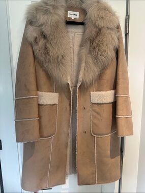McGinn Tan Shearling Trench Coat with Fur Collar
